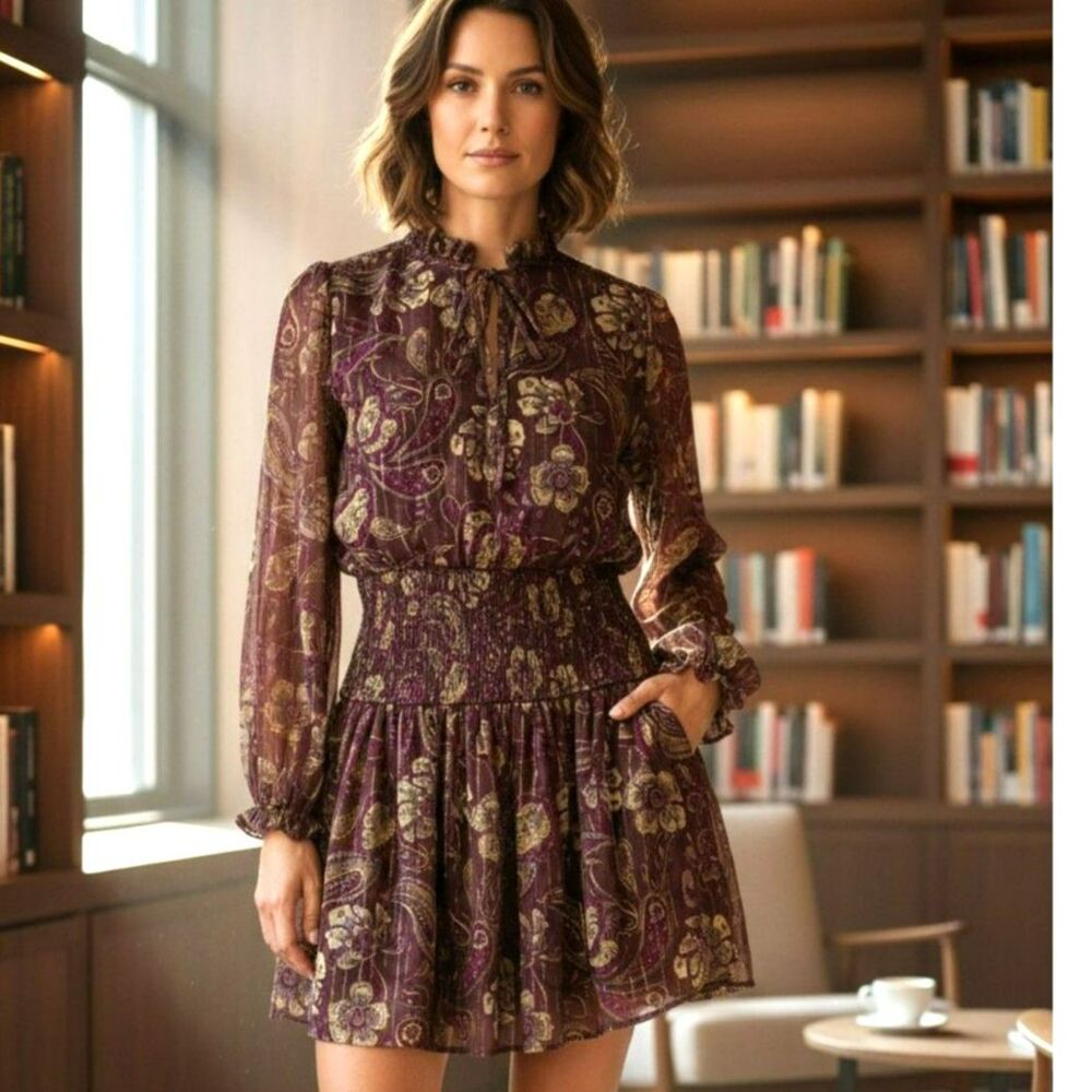 Jolie & Joy Sheer Boho Paisley Mini Dress Smocked Waist Burgundy Gold M